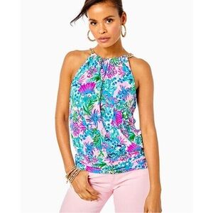 Lilly Pulitzer Women's XL Bowen Mandevilla Print Halter Top - Pink and Blue